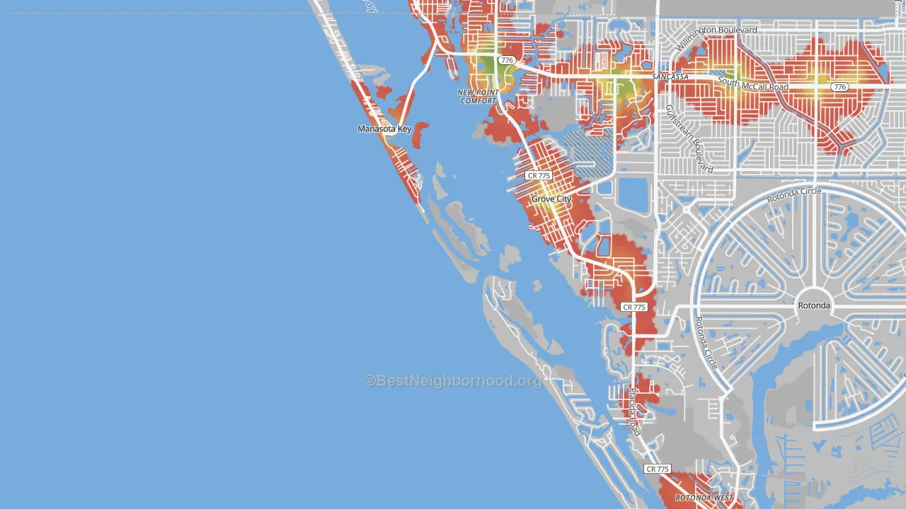 Walk Grade map of Manasota Key, FL, walkable areas in green and car-dependent areas in red