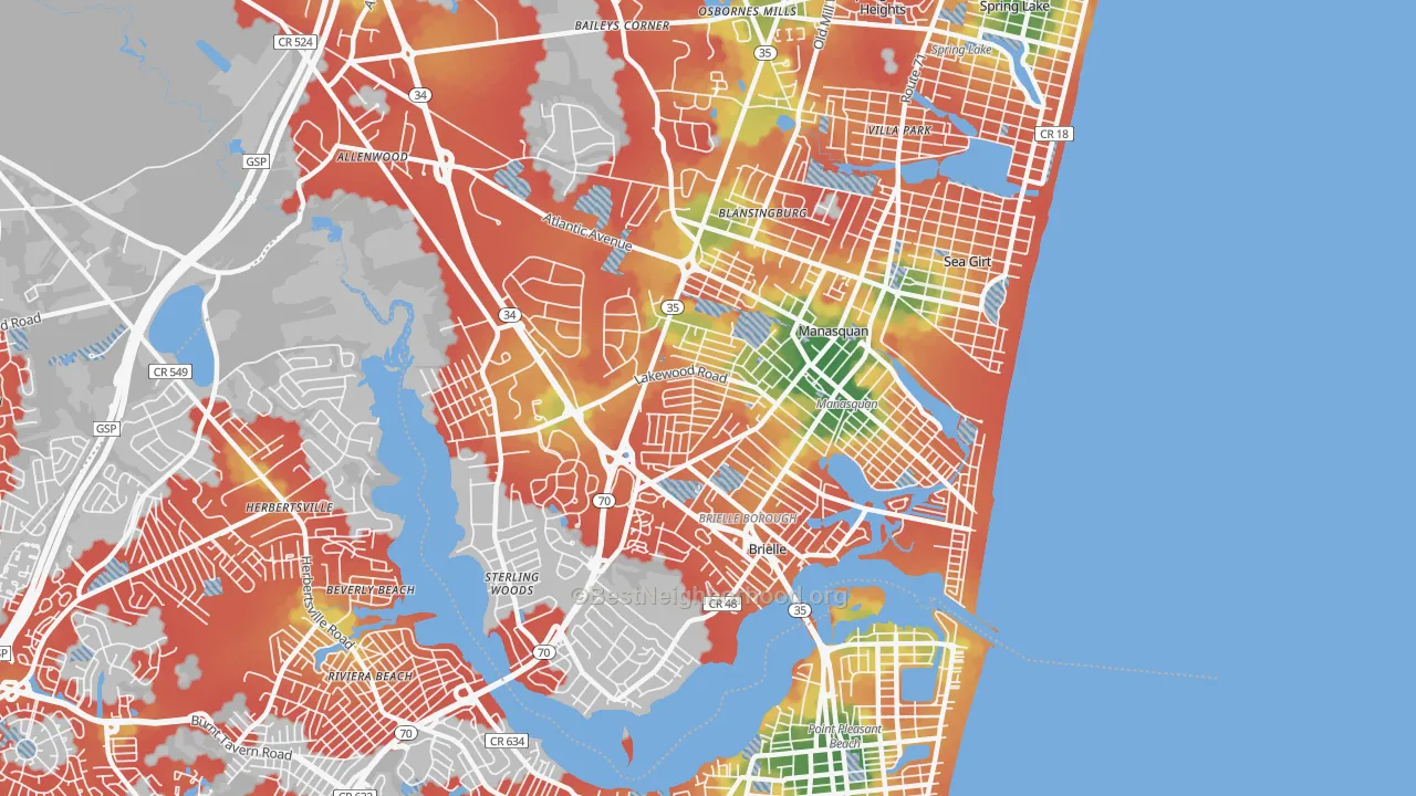 Walk Grade map of Manasquan, NJ, walkable areas in green and car-dependent areas in red