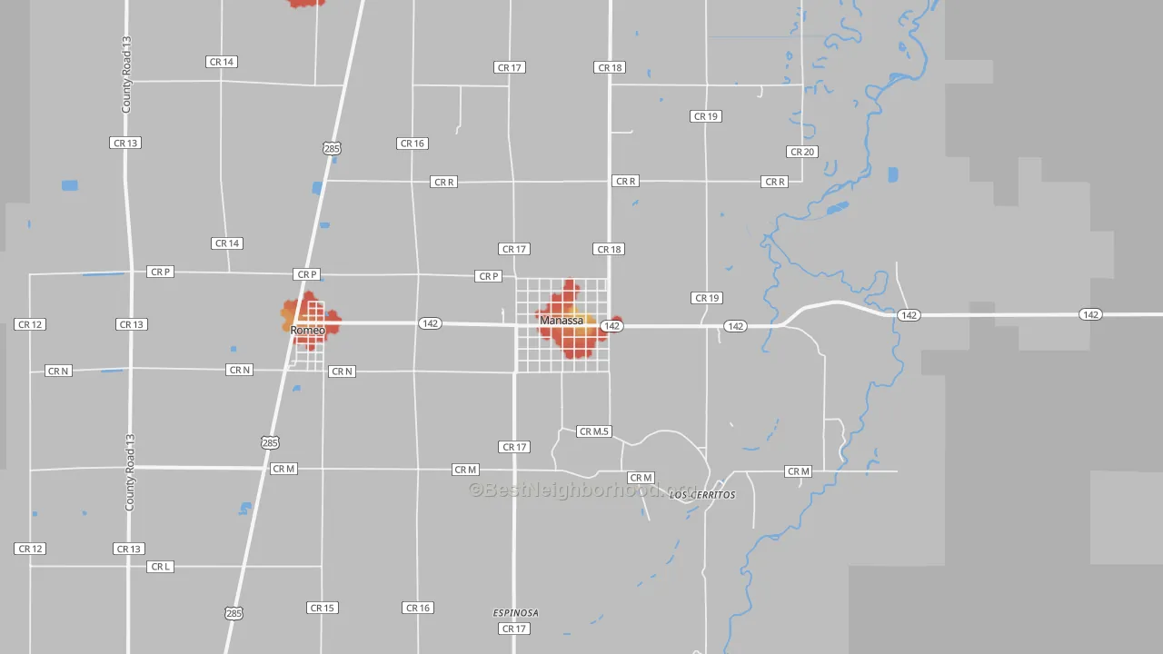 Walk Grade map of Manassa, CO, walkable areas in green and car-dependent areas in red