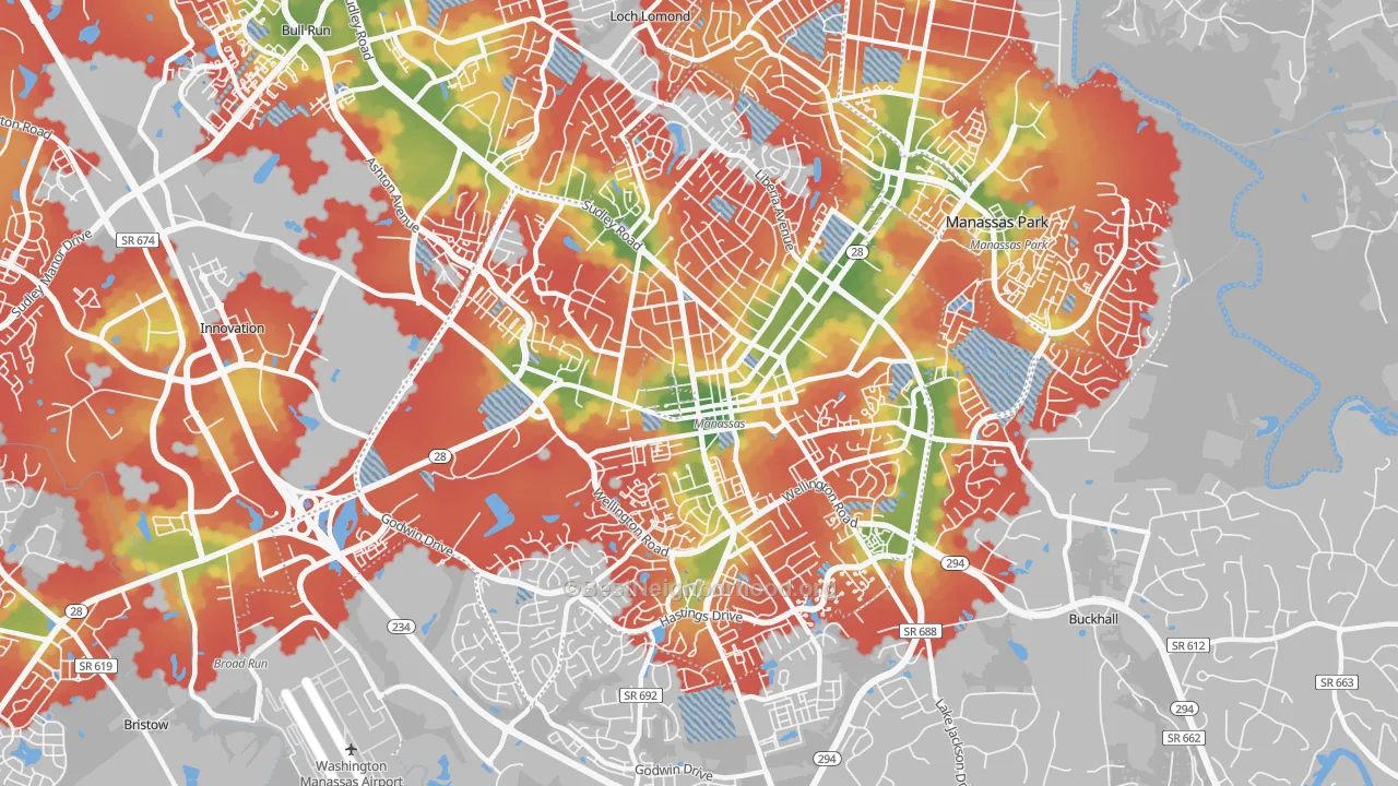 Walk Grade map of Manassas City, VA, walkable areas in green and car-dependent areas in red