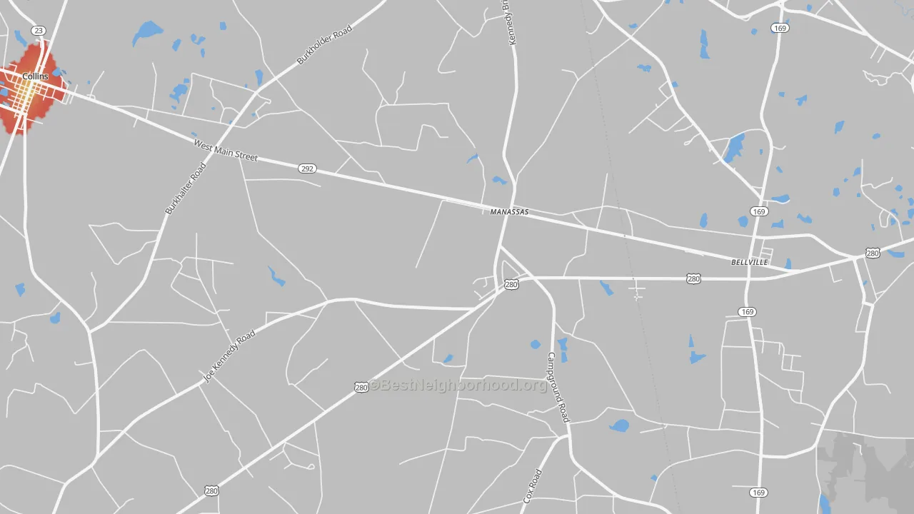 Walk Grade map of Manassas, GA, walkable areas in green and car-dependent areas in red