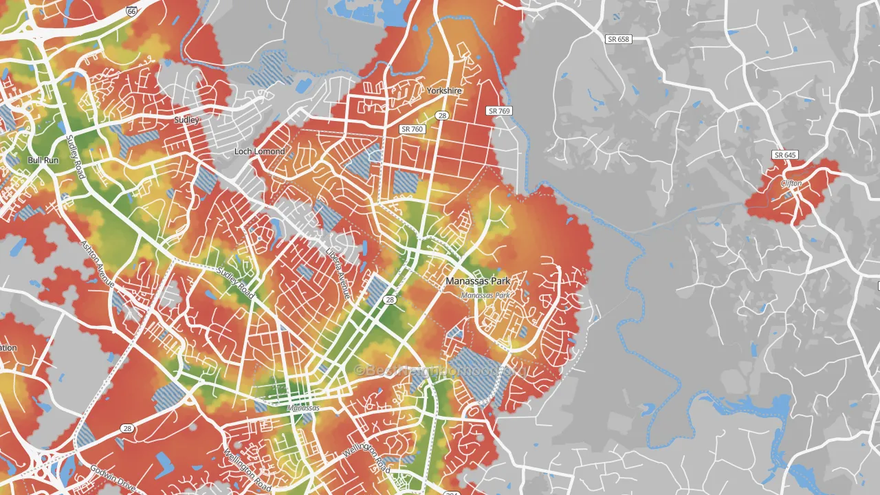Walk Grade map of Manassas Park City, VA, walkable areas in green and car-dependent areas in red