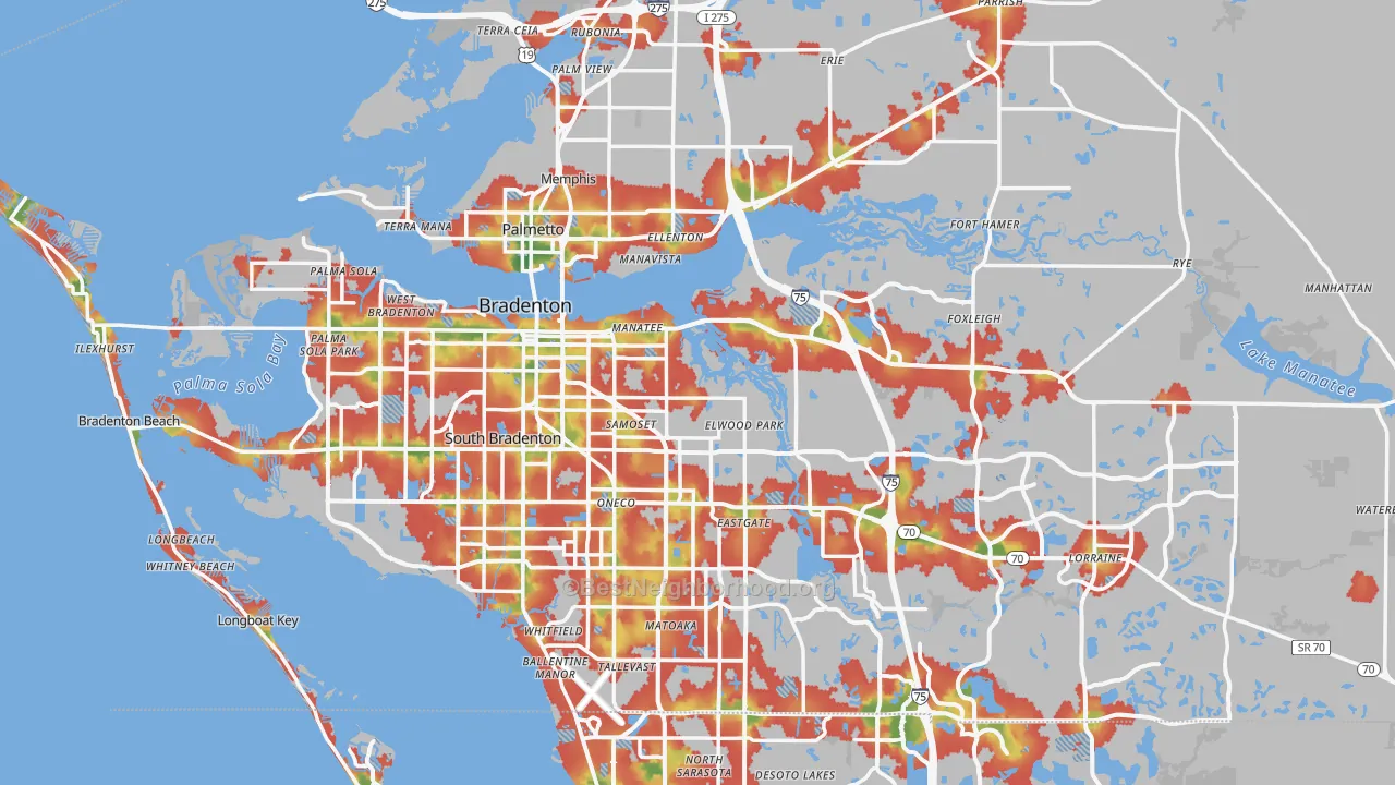 Walk Grade map of Manatee County, FL, walkable areas in green and car-dependent areas in red