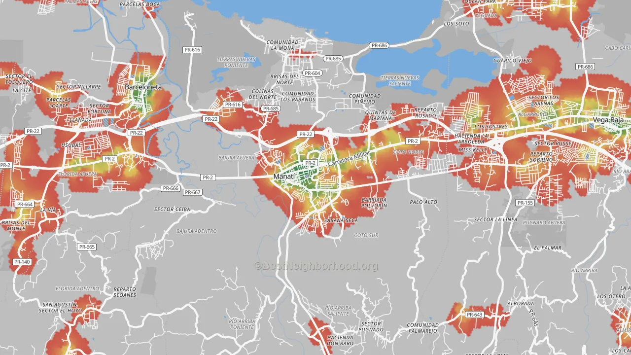 Walk Grade map of Manati Municipio, PR, walkable areas in green and car-dependent areas in red