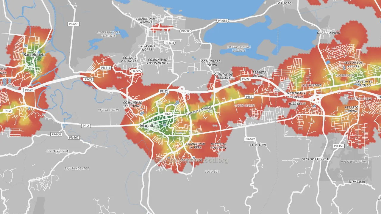 Walk Grade map of Manati, PR, walkable areas in green and car-dependent areas in red
