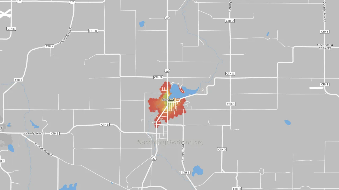 Walk Grade map of Manawa, WI, walkable areas in green and car-dependent areas in red