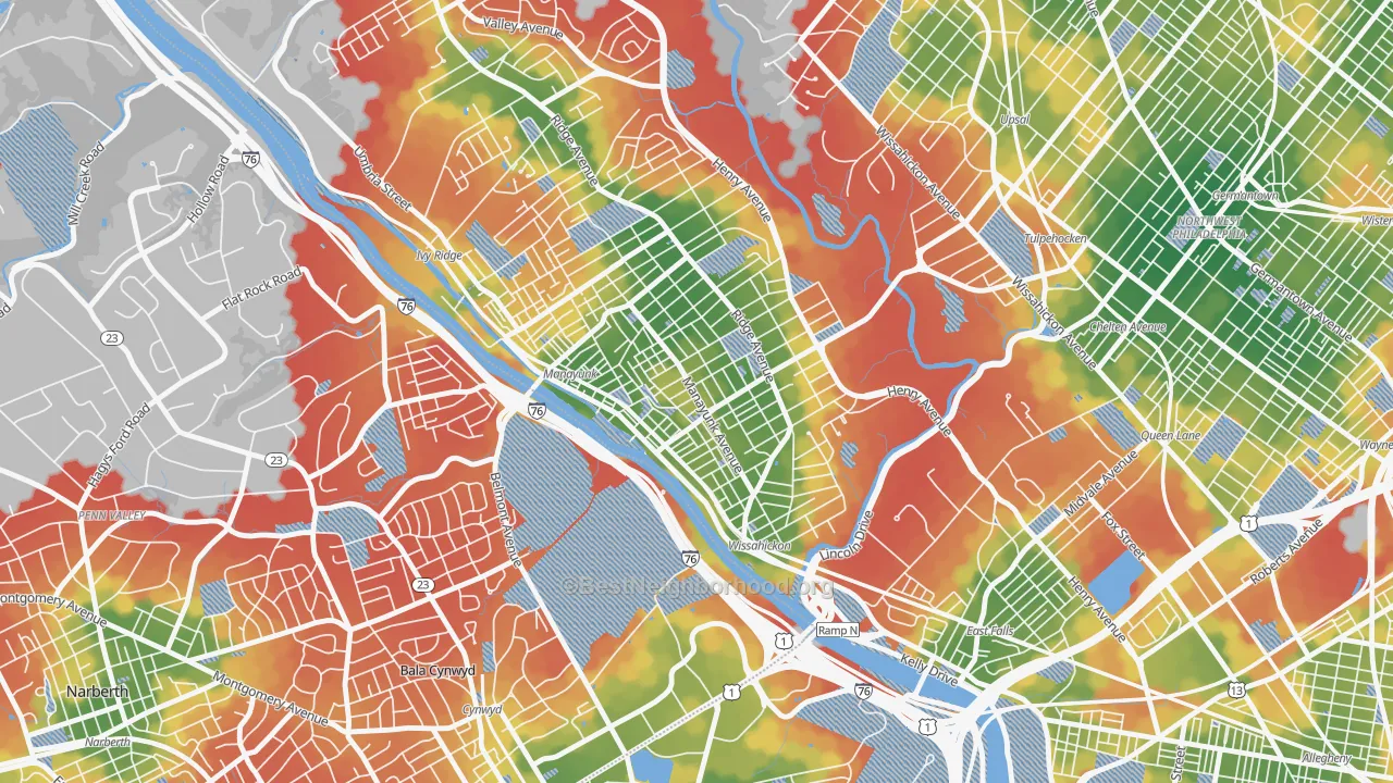 Walk Grade map of Manayunk, Philadelphia, PA, walkable areas in green and car-dependent areas in red