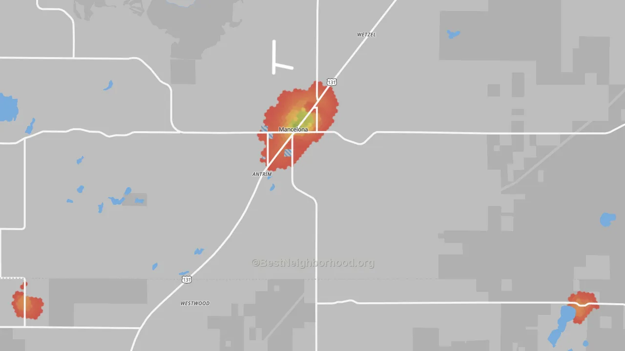 Walk Grade map of Mancelona, MI, walkable areas in green and car-dependent areas in red