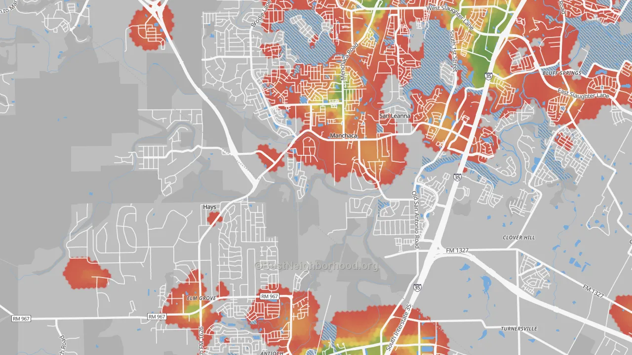 Walk Grade map of Manchaca, TX, walkable areas in green and car-dependent areas in red