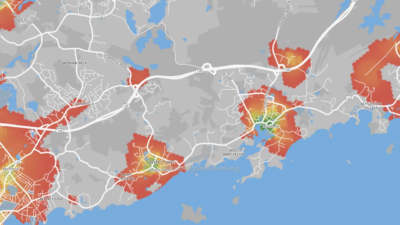 Walk Grade map of Manchester-By-The-Sea, MA, walkable areas in green and car-dependent areas in red