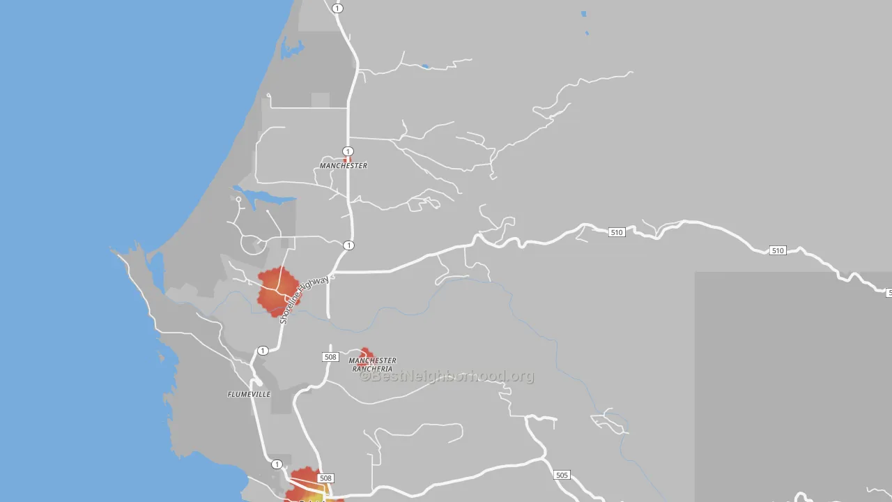 Walk Grade map of Manchester, CA, walkable areas in green and car-dependent areas in red