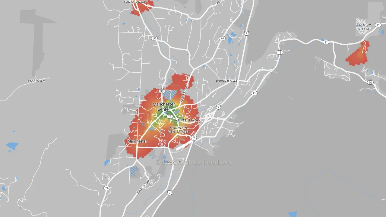 Walk Grade map of Manchester Center, VT, walkable areas in green and car-dependent areas in red