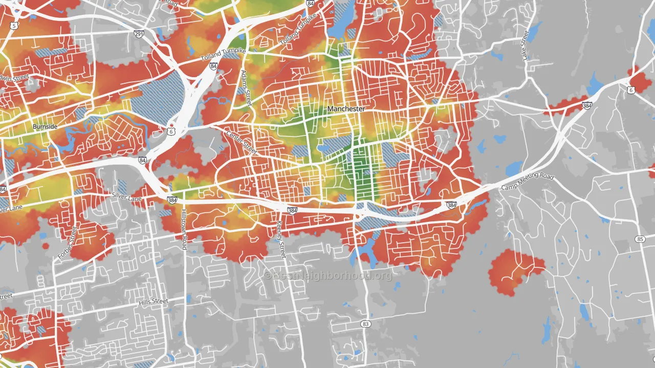 Walk Grade map of Manchester, CT, walkable areas in green and car-dependent areas in red
