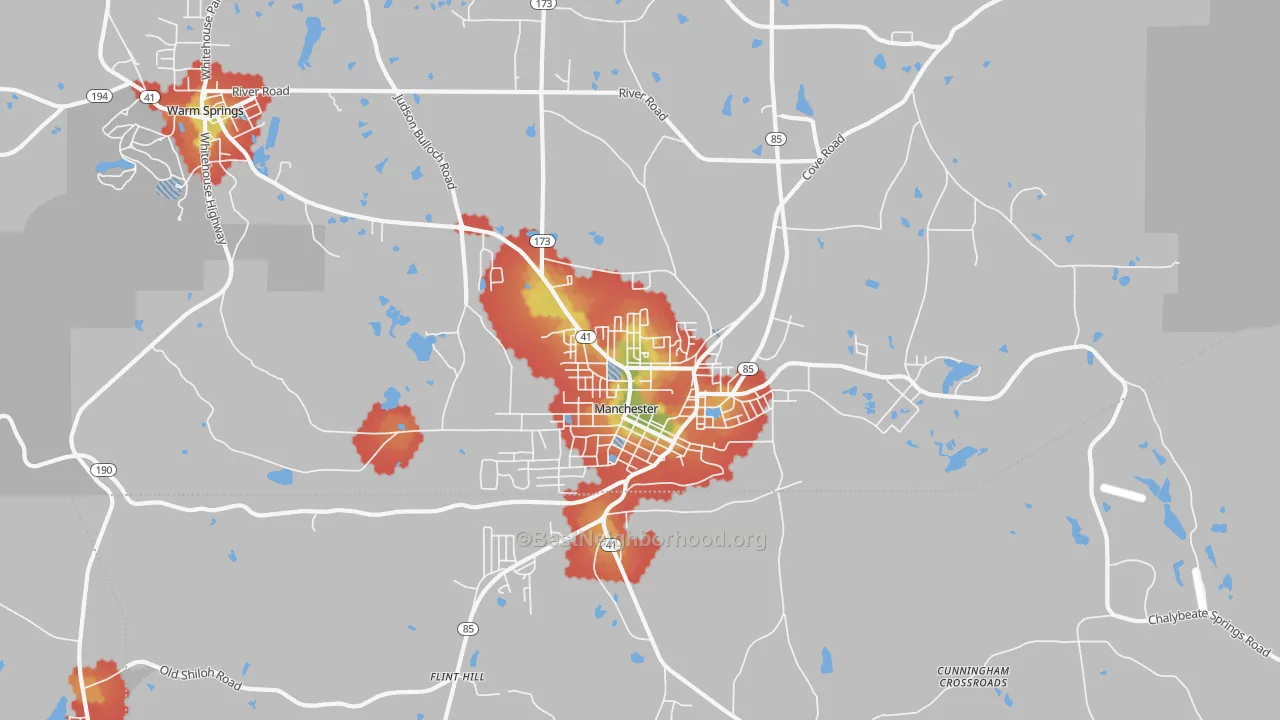 Walk Grade map of Manchester, GA, walkable areas in green and car-dependent areas in red