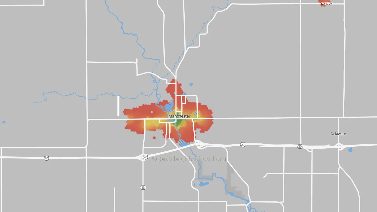 Walk Grade map of Manchester, IA, walkable areas in green and car-dependent areas in red