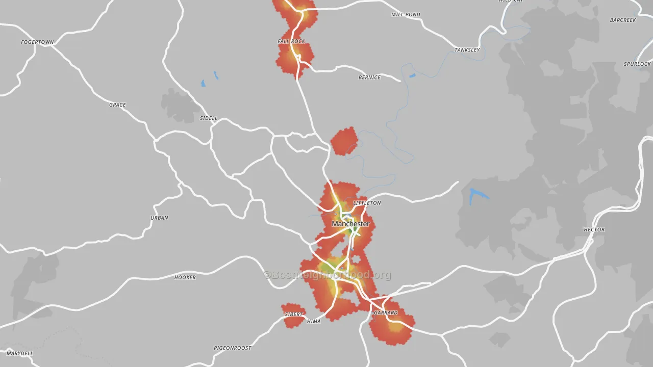Walk Grade map of Manchester, KY, walkable areas in green and car-dependent areas in red