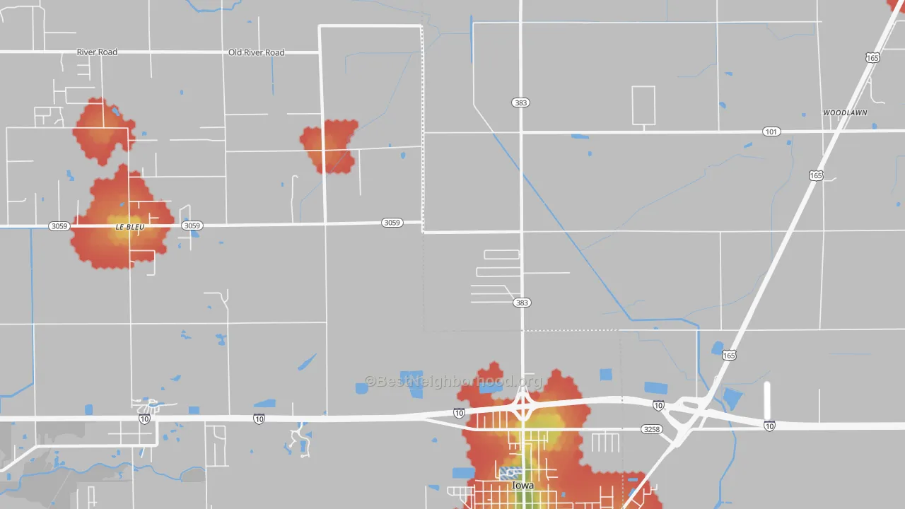 Walk Grade map of Manchester, LA, walkable areas in green and car-dependent areas in red