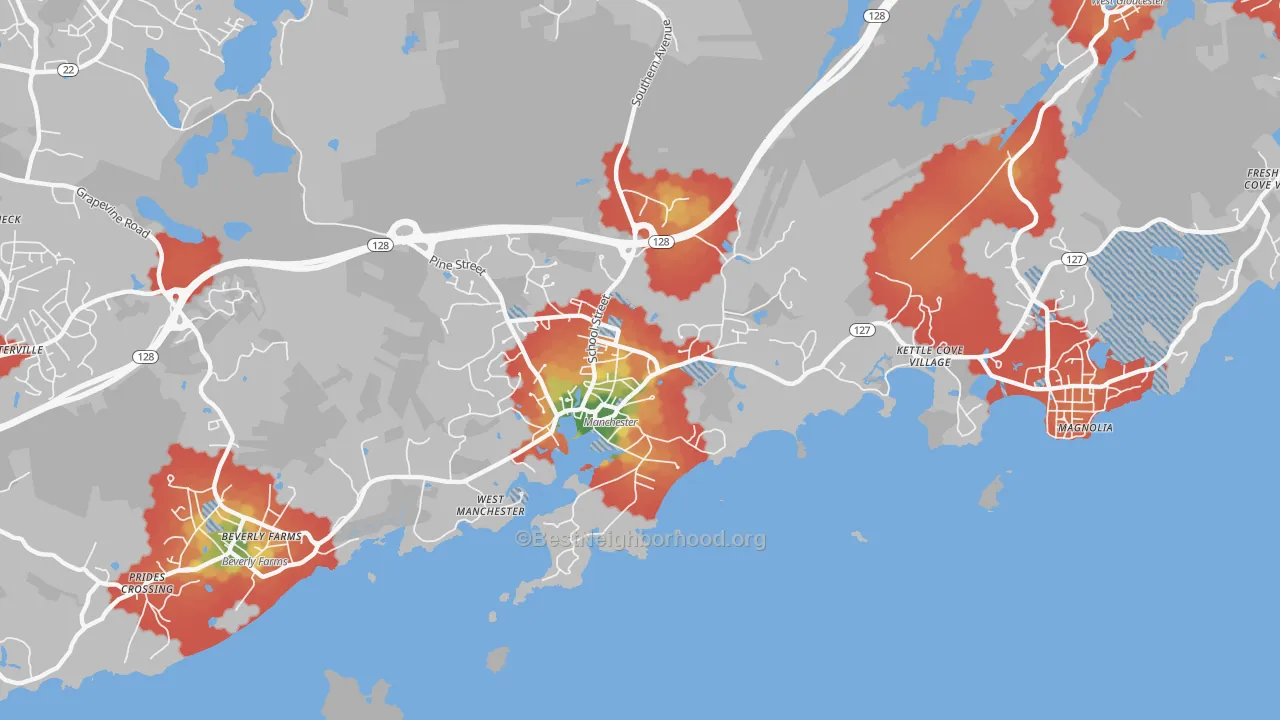 Walk Grade map of Manchester, MA, walkable areas in green and car-dependent areas in red