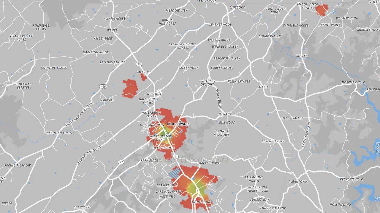 Walk Grade map of Manchester, MD, walkable areas in green and car-dependent areas in red