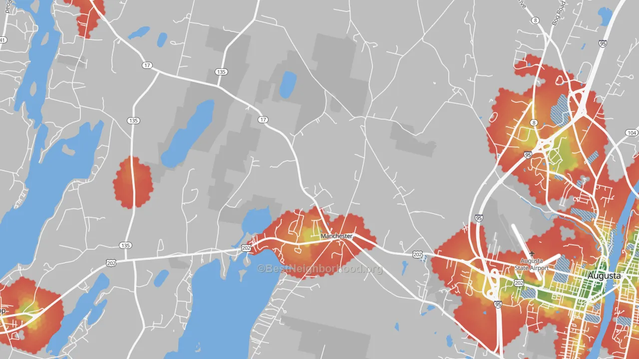 Walk Grade map of Manchester, ME, walkable areas in green and car-dependent areas in red