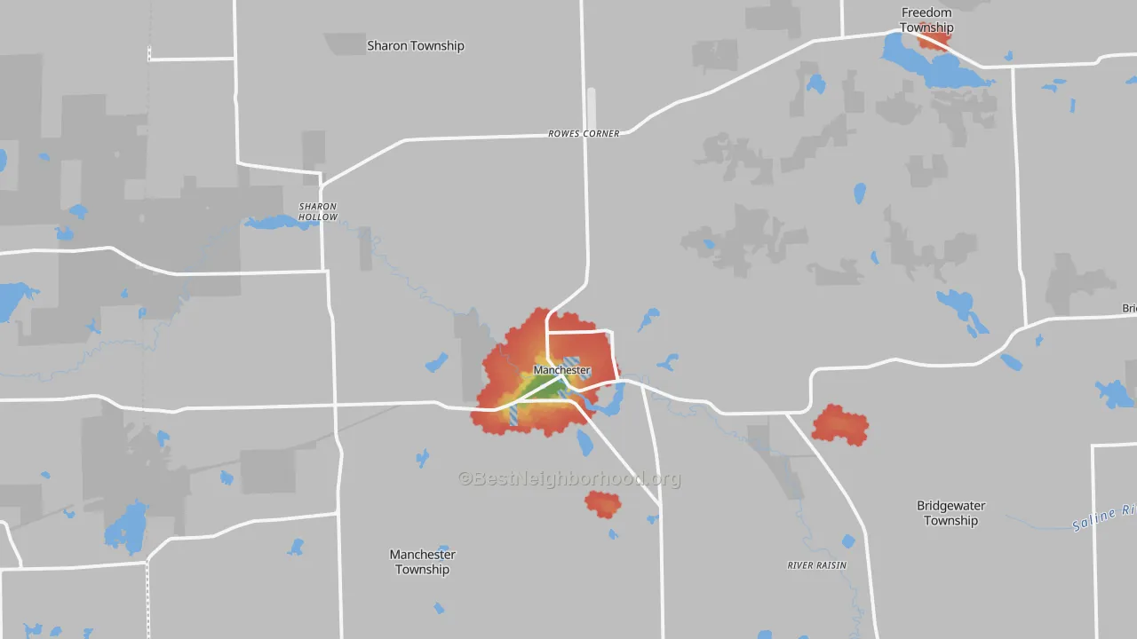 Walk Grade map of Manchester, MI, walkable areas in green and car-dependent areas in red