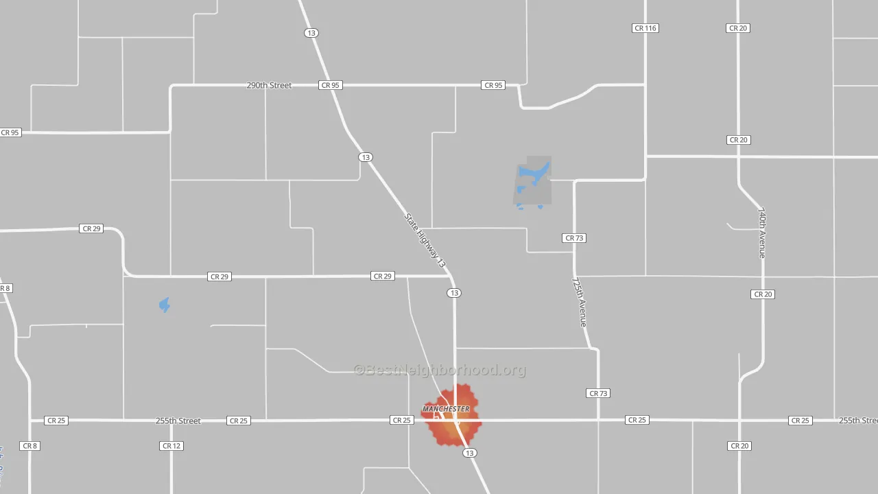 Walk Grade map of Manchester, MN, walkable areas in green and car-dependent areas in red