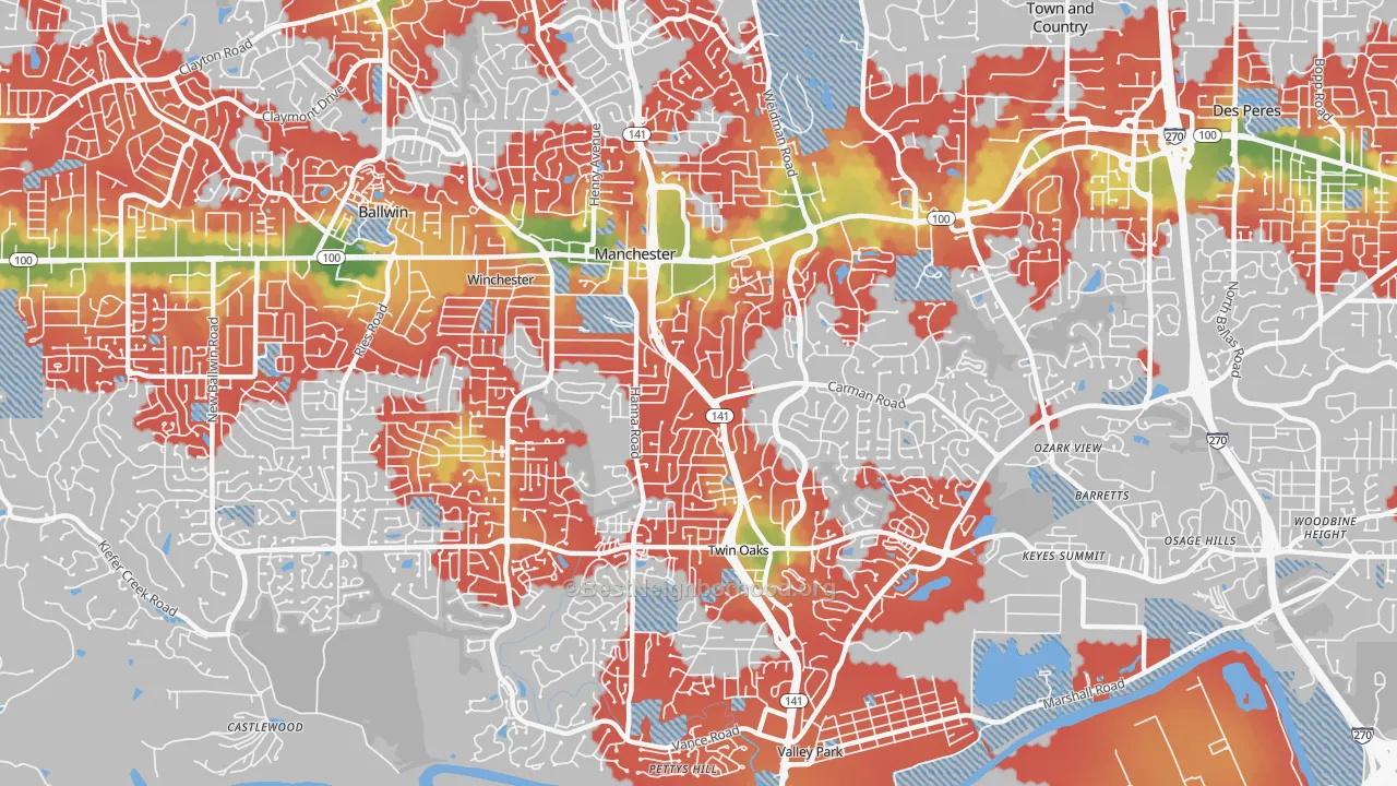 Walk Grade map of Manchester, MO, walkable areas in green and car-dependent areas in red