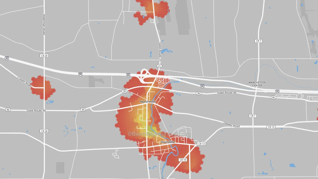 Walk Grade map of Manchester, NY, walkable areas in green and car-dependent areas in red