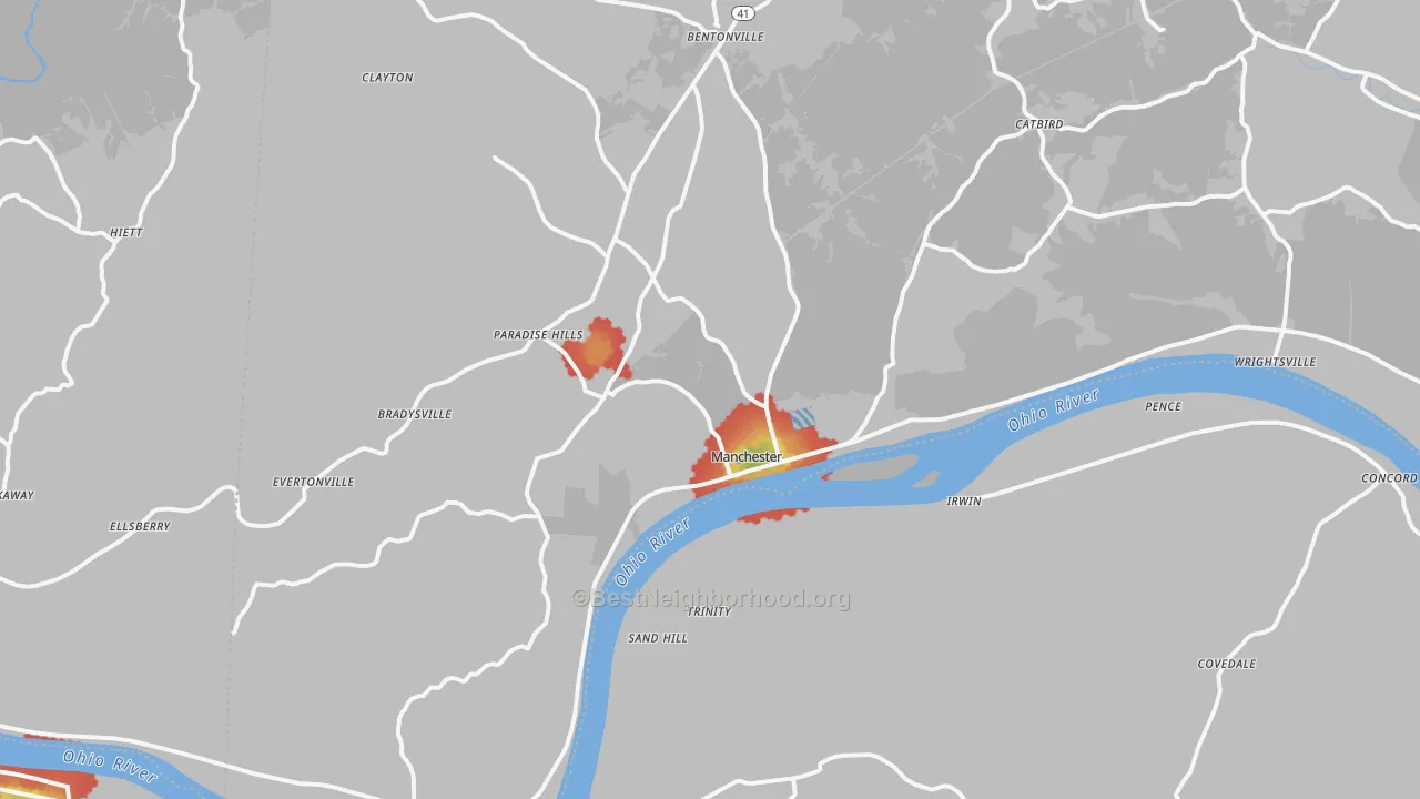 Walk Grade map of Manchester, OH, walkable areas in green and car-dependent areas in red