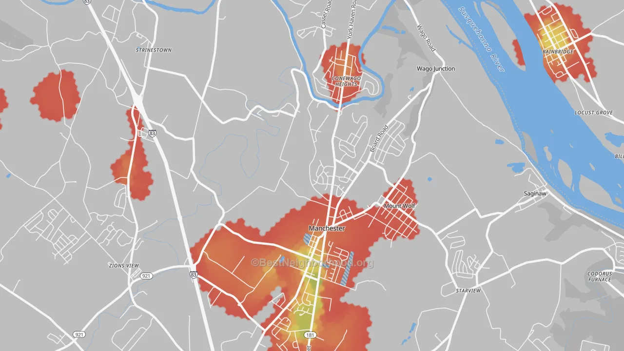 Walk Grade map of Manchester, PA, walkable areas in green and car-dependent areas in red