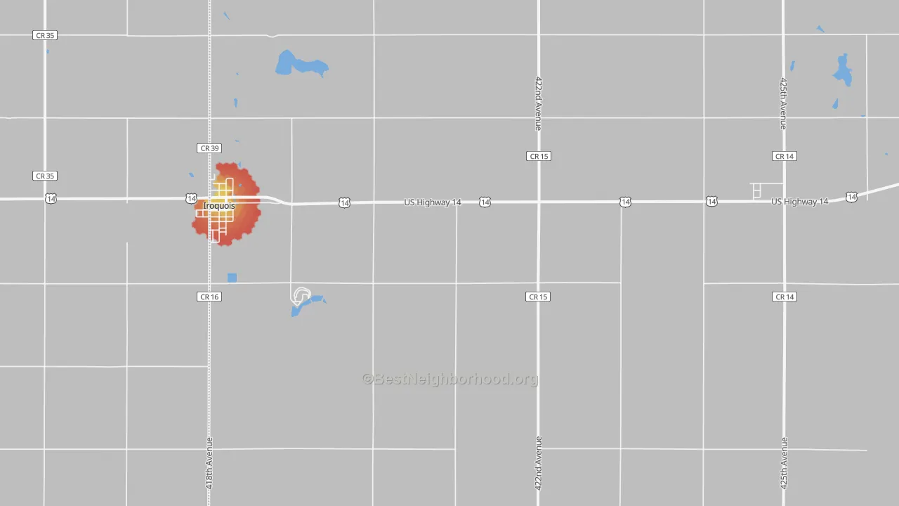 Walk Grade map of Manchester, SD, walkable areas in green and car-dependent areas in red