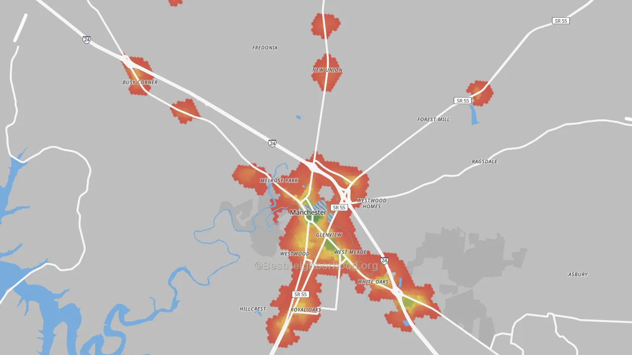 Walk Grade map of Manchester, TN, walkable areas in green and car-dependent areas in red