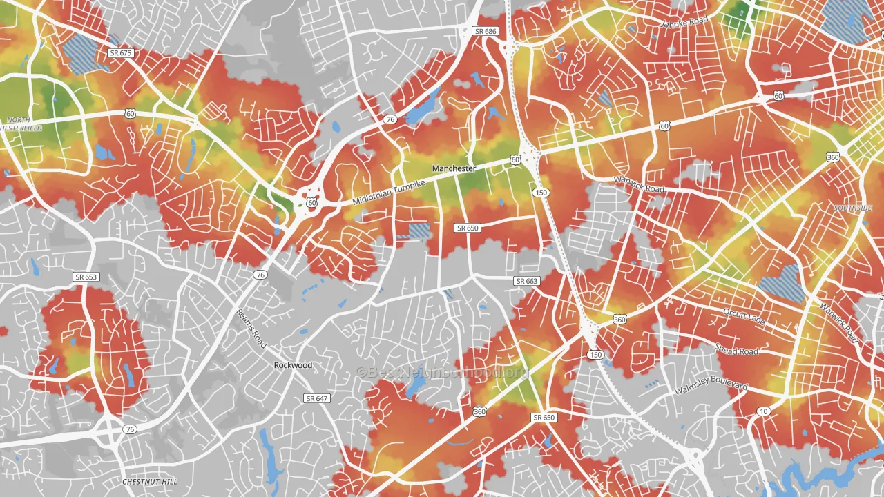 Walk Grade map of Manchester, VA, walkable areas in green and car-dependent areas in red