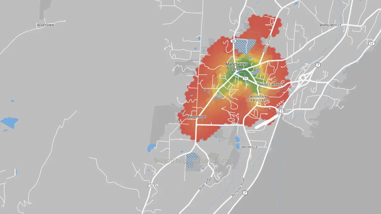 Walk Grade map of Manchester, VT, walkable areas in green and car-dependent areas in red