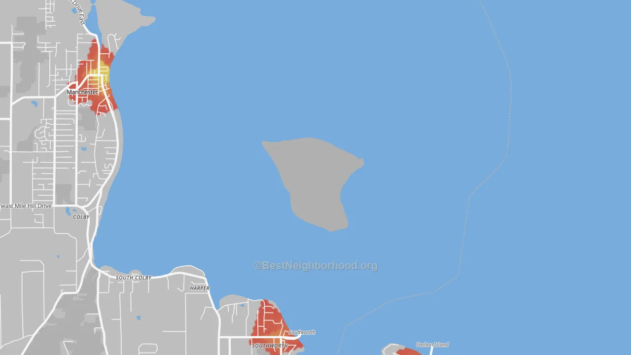 Walk Grade map of Manchester, WA, walkable areas in green and car-dependent areas in red