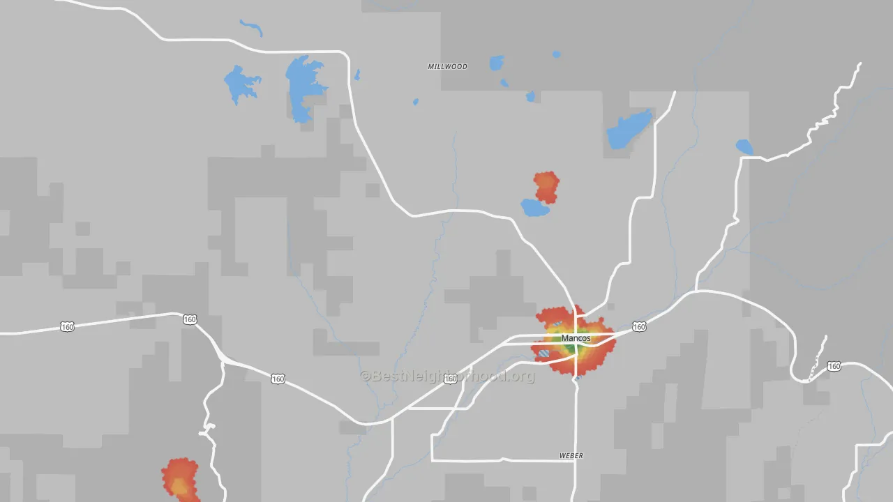 Walk Grade map of Mancos, CO, walkable areas in green and car-dependent areas in red