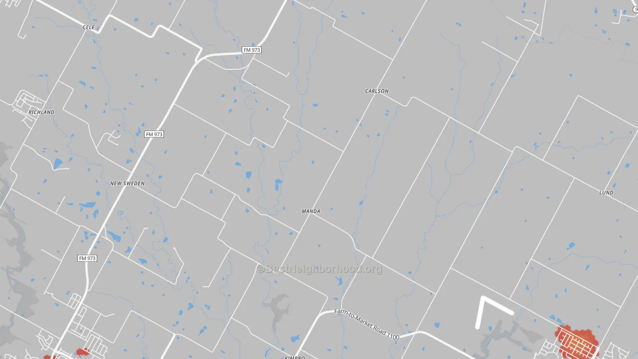 Walk Grade map of Manda, TX, walkable areas in green and car-dependent areas in red
