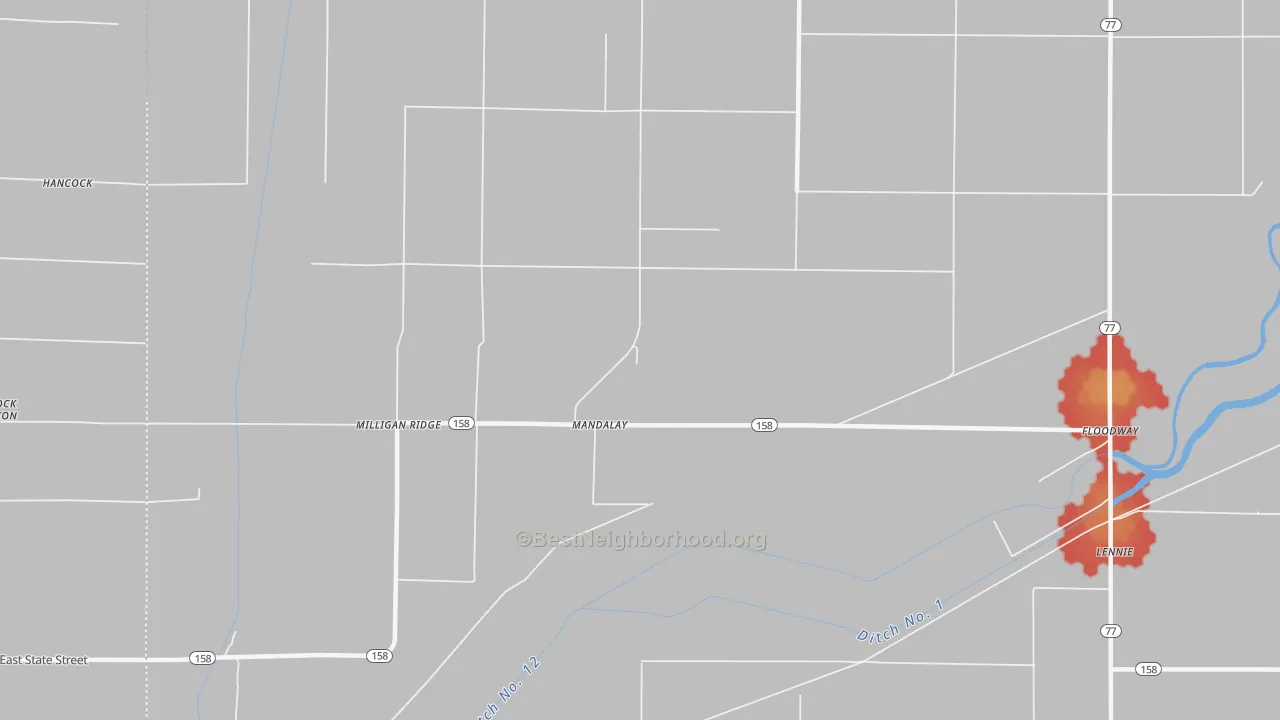 Walk Grade map of Mandalay, AR, walkable areas in green and car-dependent areas in red