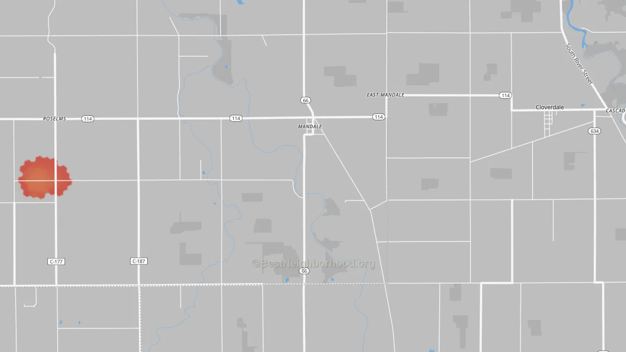 Walk Grade map of Mandale, OH, walkable areas in green and car-dependent areas in red