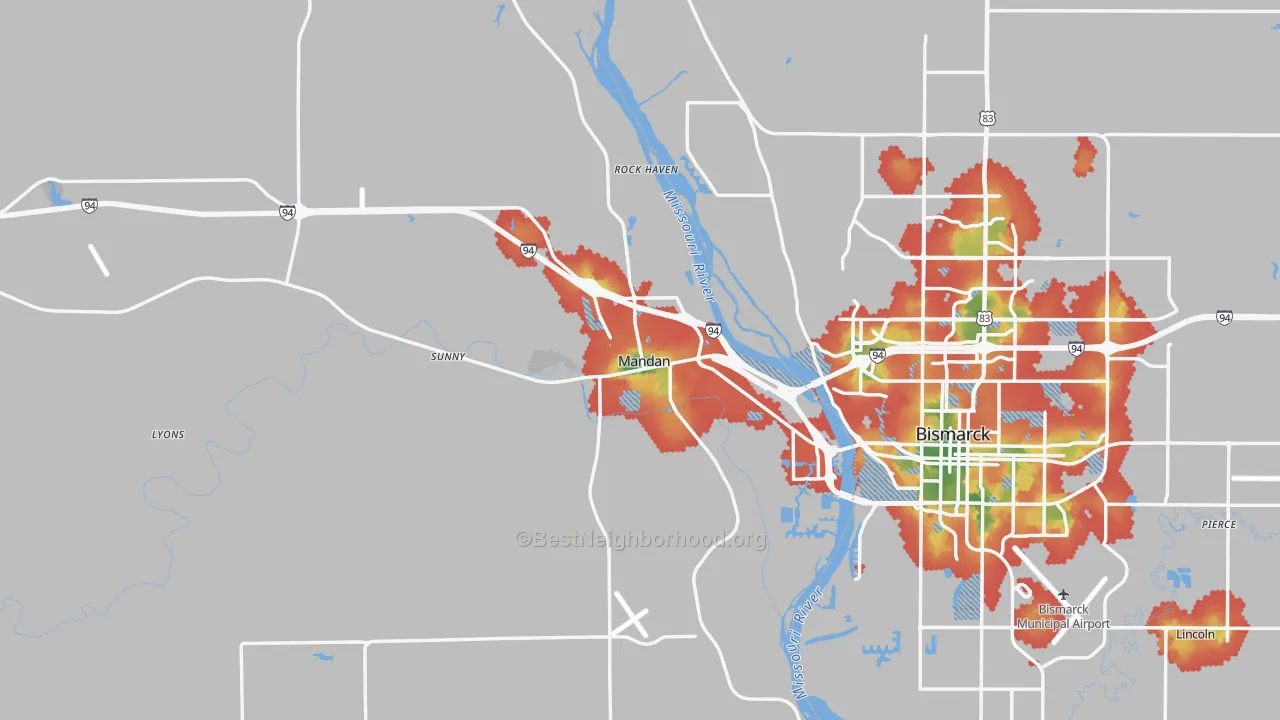Walk Grade map of Mandan, ND, walkable areas in green and car-dependent areas in red