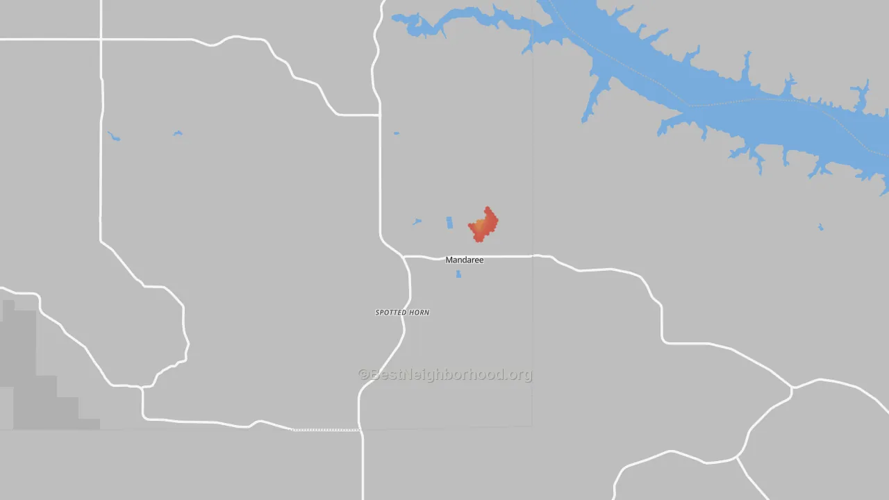 Walk Grade map of Mandaree, ND, walkable areas in green and car-dependent areas in red