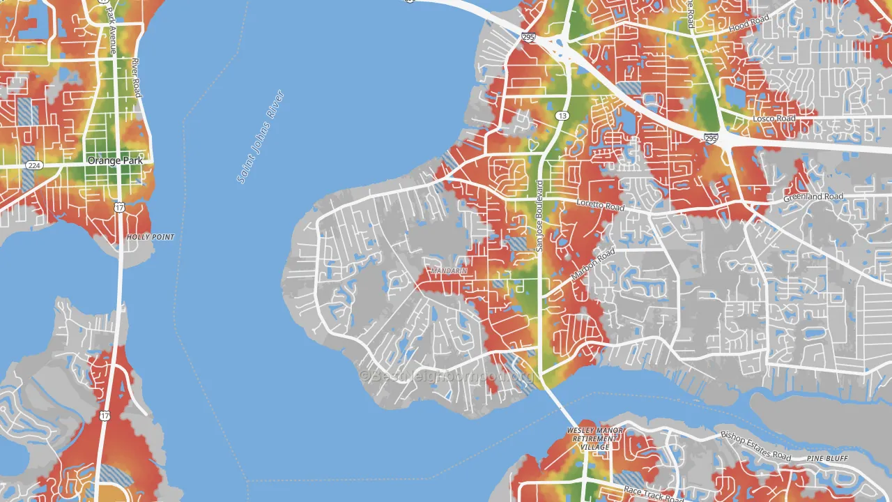 Walk Grade map of Mandarin, Jacksonville, FL, walkable areas in green and car-dependent areas in red