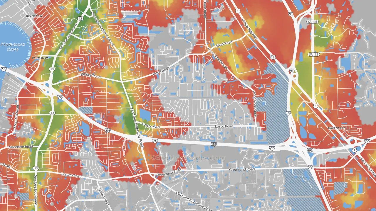 Walk Grade map of Mandarin Station-Losco, Jacksonville, FL, walkable areas in green and car-dependent areas in red