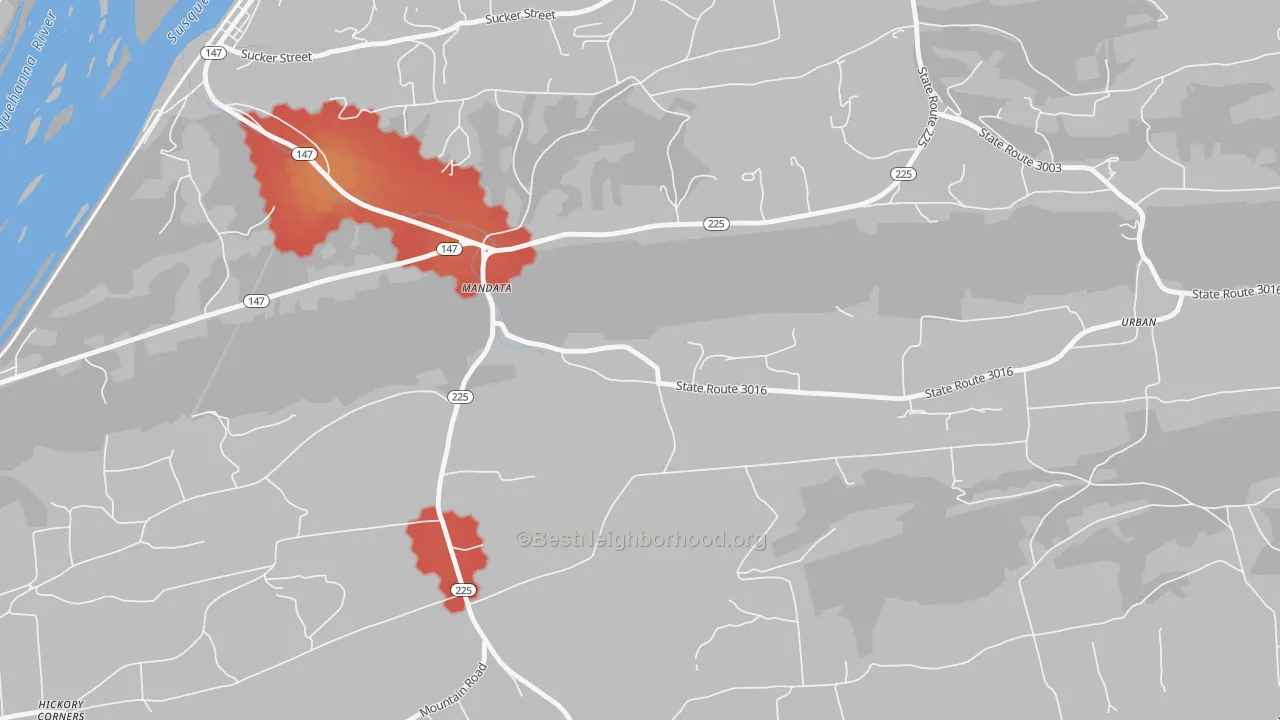 Walk Grade map of Mandata, PA, walkable areas in green and car-dependent areas in red