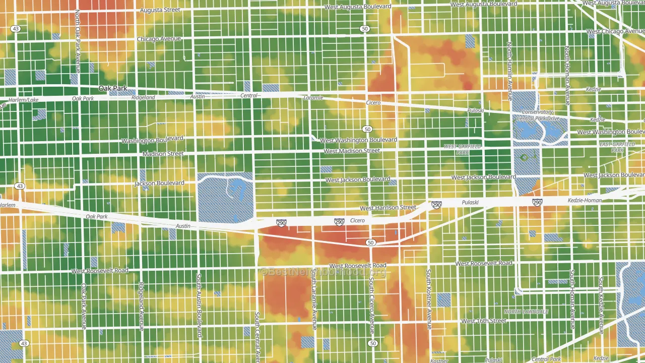 Walk Grade map of Mandell, Chicago, IL, walkable areas in green and car-dependent areas in red