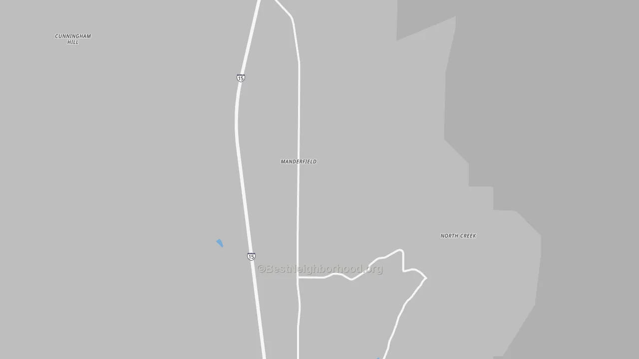 Walk Grade map of Manderfield, UT, walkable areas in green and car-dependent areas in red