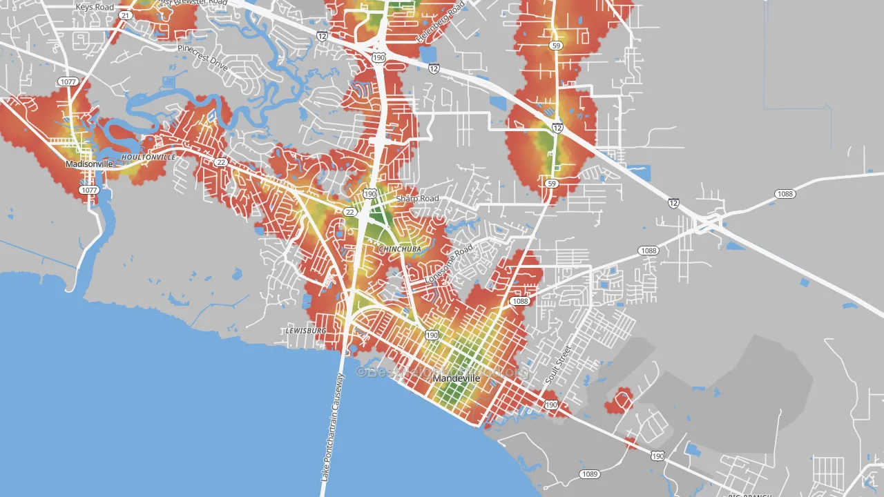 Walk Grade map of Mandeville, LA, walkable areas in green and car-dependent areas in red