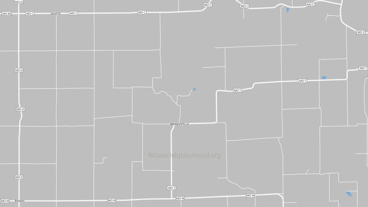 Walk Grade map of Mandeville, MO, walkable areas in green and car-dependent areas in red