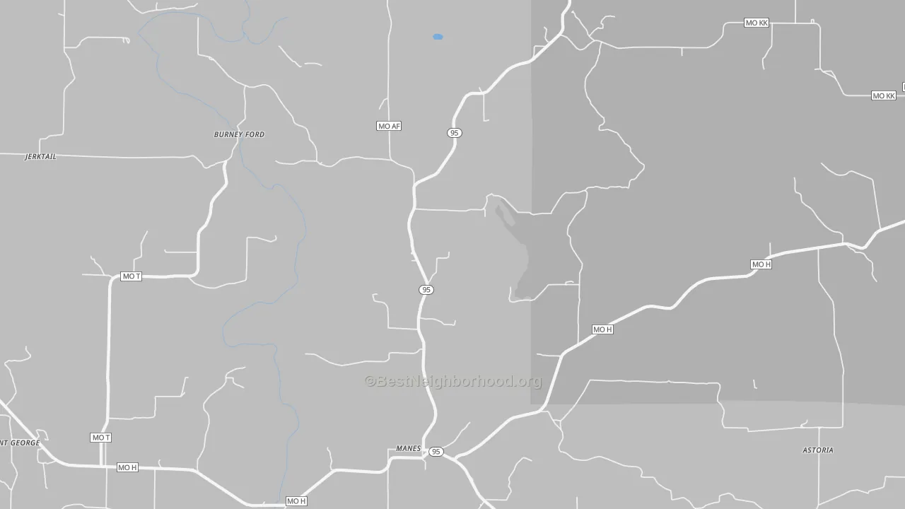 Walk Grade map of Manes, MO, walkable areas in green and car-dependent areas in red