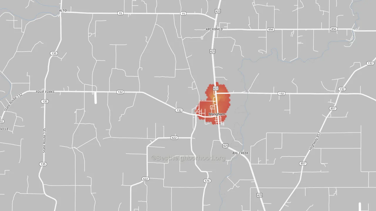 Walk Grade map of Mangham, LA, walkable areas in green and car-dependent areas in red